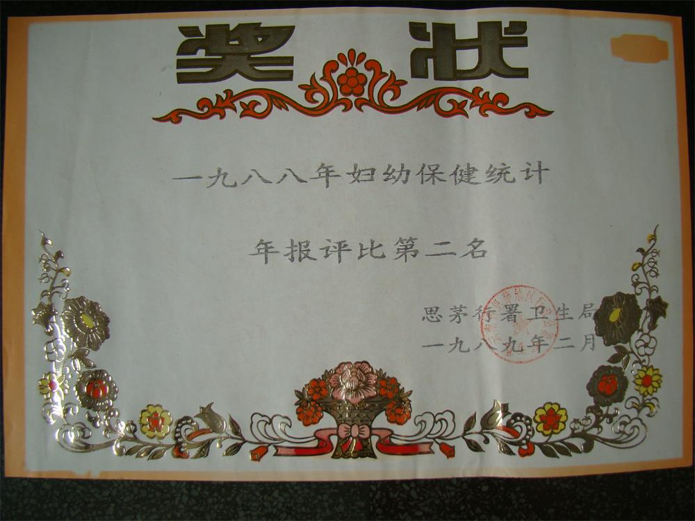 1988年妇幼保健统计年报评比第二名