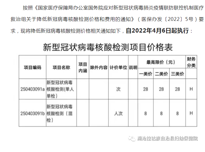 新冠病毒核酸检测价格调整（降低）如下，自2022年4月6日起执行