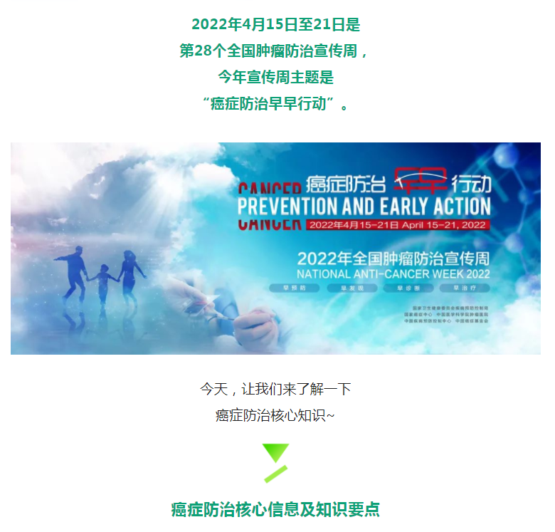 全国肿瘤防治宣传周丨癌症防治早早行动，癌症防治核心要点早知道！
